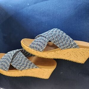 New Skechers Cork Wedge Sandals with Blue Criss-Cross Straps